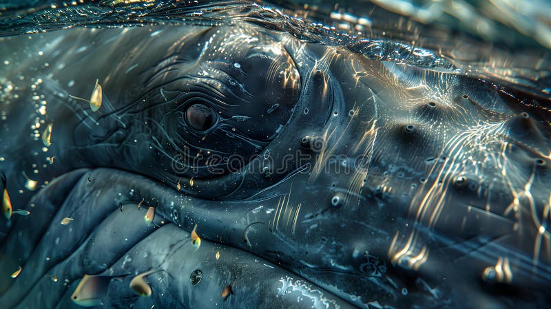 Macro Shot of Humpback Whale Eye Underwater. Intense macro view of a humpback whales eye, capturing the intricate details and textures of its skin underwater