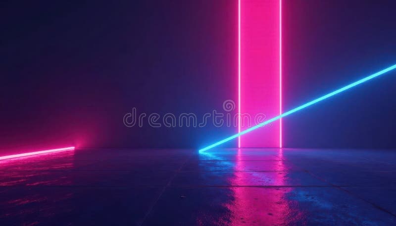 Intense neon beams crisscross a dark, empty space , pattern, effect, room vector illustration