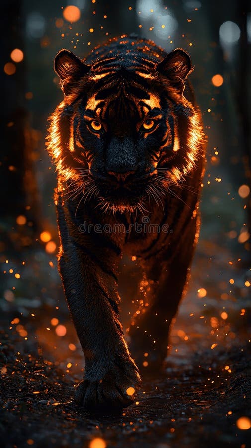 Intense tiger with fiery glow in dark forest stock image
