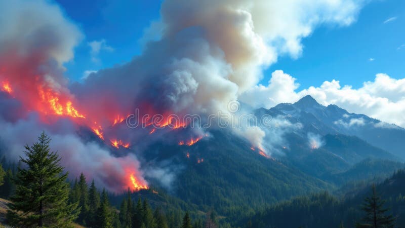 Intensive Waldbrände im Bergwald mit dickem Rauch und Flammen stockbild