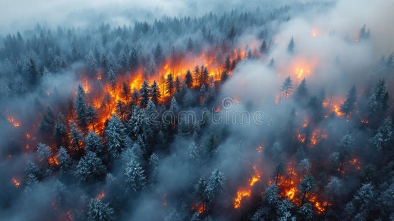 Intensive Waldbrände mit dicken rauchverschwenderischen Nadelbäumen in der Wildnis lizenzfreies stockbild