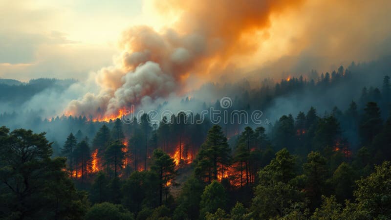 Intensives Waldfeuer mit dicken Rauch und brennenden Bäumen unter bewölktem Himmel stockfotografie