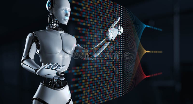 Interacción de robots con código binario Big Data y Data Analytics para empresas y tecnología Concepto 3d ilustración del vector
