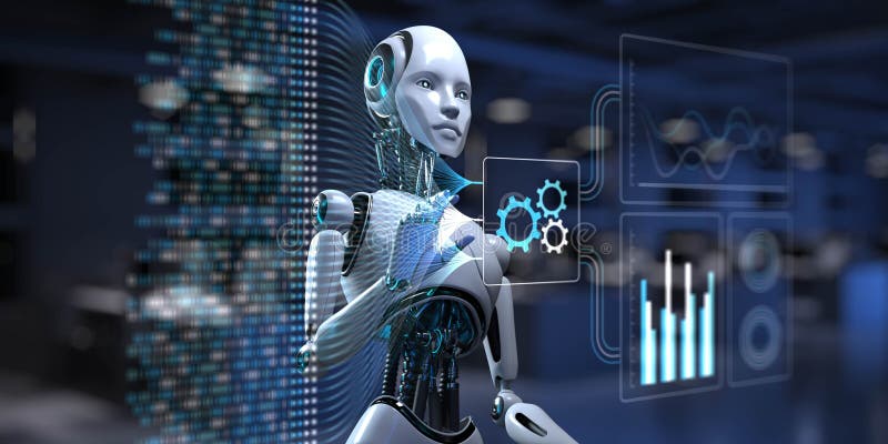Interacción de robots con código binario Big Data y Data Analytics para empresas y tecnología Concepto 3d ilustración del vector