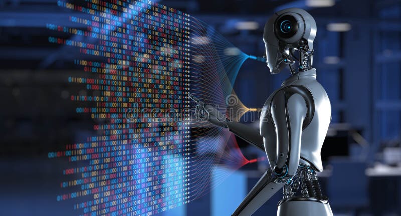 Interacción de robots con código binario Big Data y Data Analytics para empresas y tecnología Concepto 3d ilustración del vector