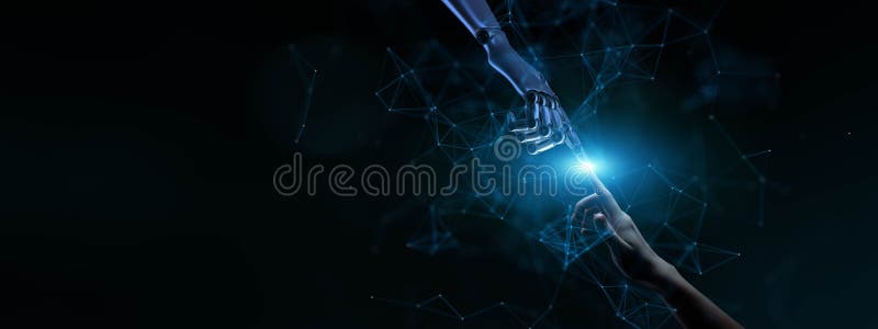 Interacción humana y robótica ilustrada en una red digital futurista foto de archivo libre de regalías