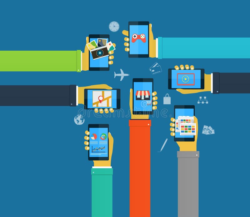 Interactie van handen bij het gebruik van mobiele apps, concept mobiele apps vector illustratie