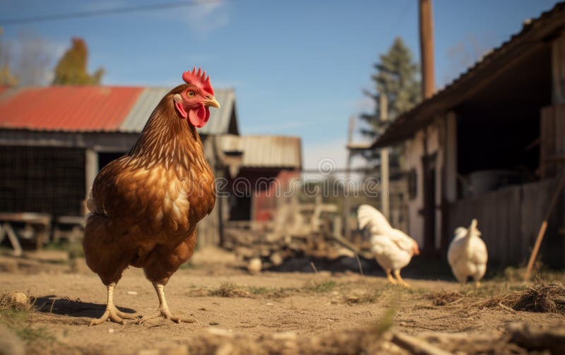 Interacting in Peace: Chicken and Cow in the Stable Stock Illustration ...