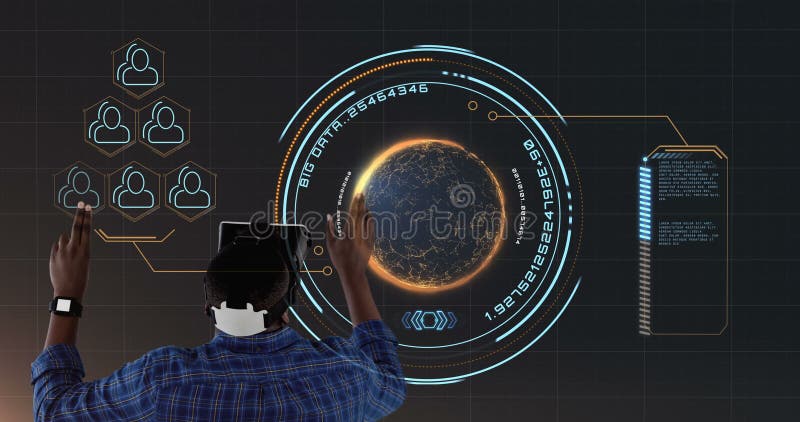 Interacting with virtual interface, person using VR headset over digital globe image royalty free stock photos
