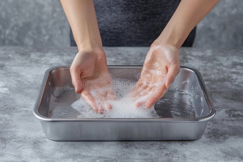 In an interactive demonstration, a hand splashes water in a metal tray to show physics concepts and water behavior stock photos