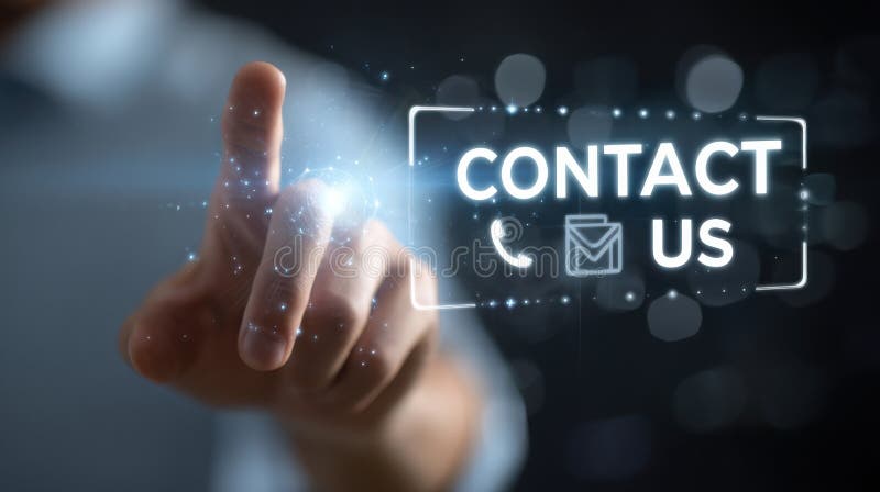 Interactive digital interface displaying contact options with a person's hand reaching out in a business setting stock image