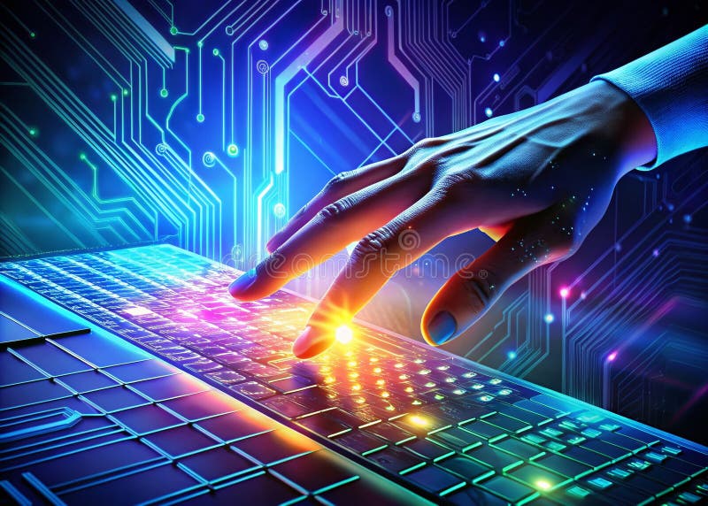 Interactive Digital Keyboard and Circuitry A Glimpse into the Future of Technological Innovation with Advanced stock illustration