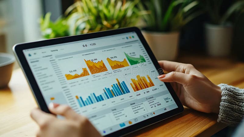 Interactive financial charts on a tablet stock illustration