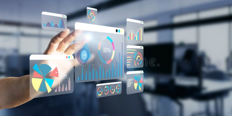 Interactive financial data analysis with charts and graphs in a digital interface royalty free illustration