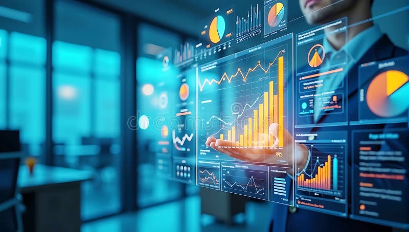 Interactive financial data analysis with charts, Holographic data visualization, futuristic business analytics, interactive charts stock illustration