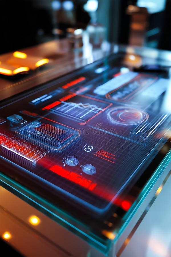 Interactive Financial Interface Floating Above Tablet with Glowing Neon Lights royalty free illustration