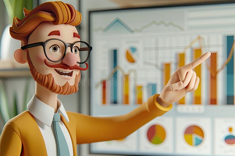 Interactive Financial Trend Presentation with Cartoon Finance Director Pointing Playfully in 3D Rendered Animation vector illustration