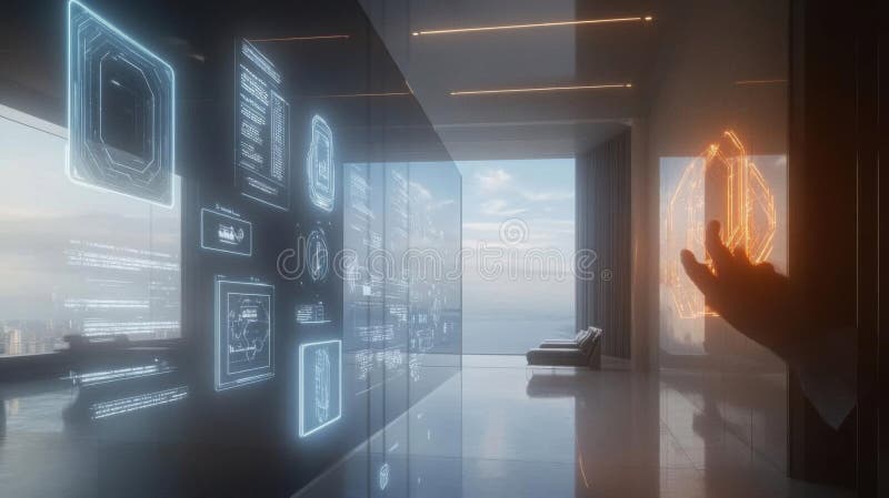 Interactive Futuristic Interfaces, Exploring Digital Displays in Modern Architecture royalty free illustration