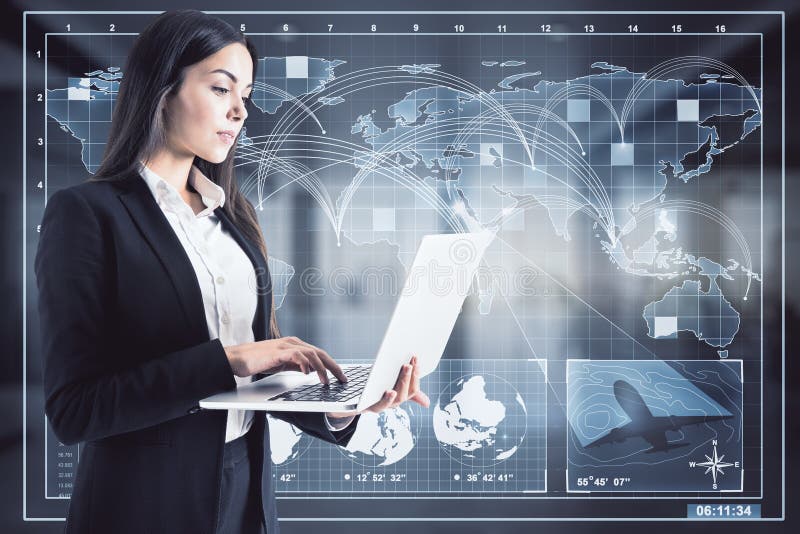Interactive global network and ai concept. Portrait of attractive young european businesswoman with laptop and glowing connections map hologram interface on blurry office interior. Multiexposure. Global network connection map stock images, royalty-free photos and pictures