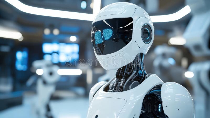 Interactive industrial robotics in a technologically advanced factory royalty free illustration
