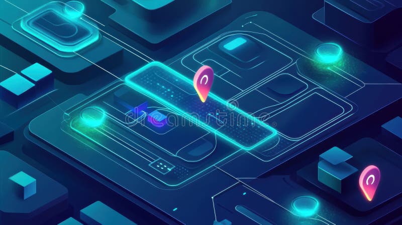 Interactive map illustrates grocery delivery routes with sleek UI and neon aesthetics Generative AI. Dynamic map showcases delivery paths for groceries with a modern UI design, featuring neon blue and green highlights for an engaging user experience. AI generated