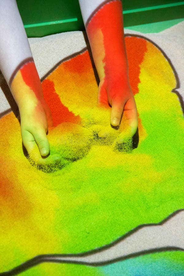 Interactive Sandbox with a Projector that Color Sand Colored Lights Stock Photo Image of