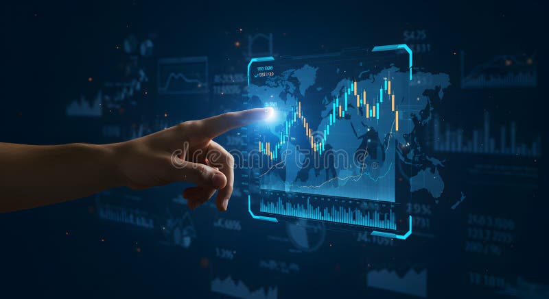 Analyzing stock market data with interactive digital interface for investment strategy and financial growth vector illustration