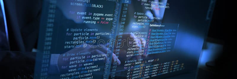 Interactive virtual coding workspace displaying fictional code, blending human input and advanced technology for digital creations. Concept of IT solutions, applications, SEO copywriting. Ad. Coding text hacker concept stock images, royalty-free photos and pictures