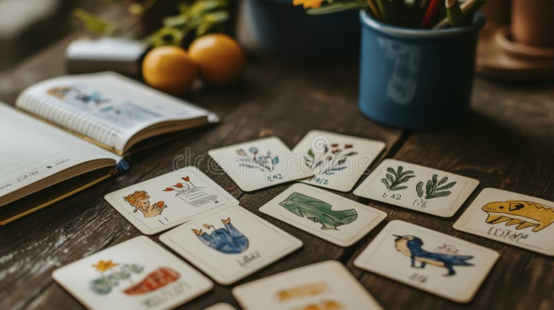 Interactive vocabulary learning flashcards cozy study space educational tools home office engaging concept for all ages stock illustration