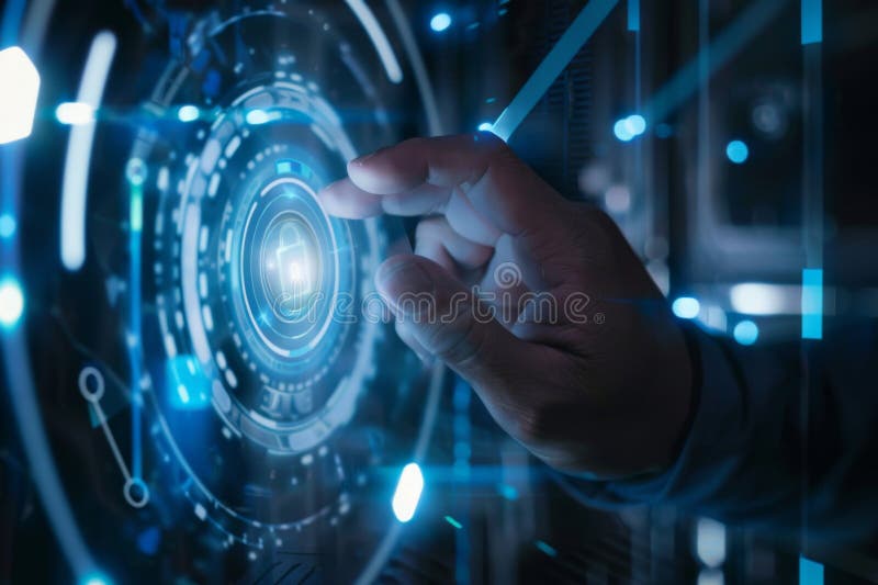 Interakcja ręczna z futurystycznym interfejsem cyfrowym cyberbezpieczeństwa w tle technologicznym obrazy royalty free