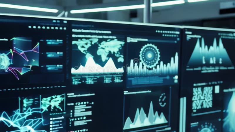 Interaktiv dataanalys i högteknologiska labbet med framtida digitala skärmar royaltyfri illustrationer