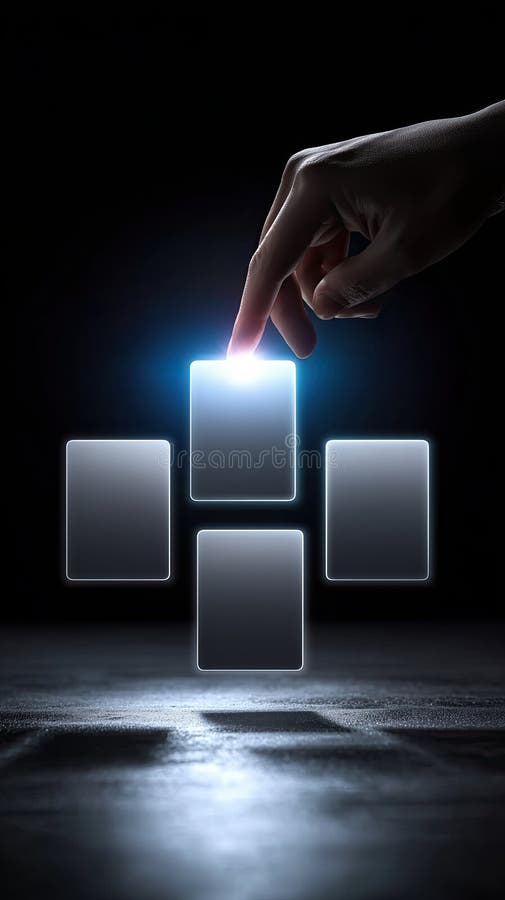 Interazioni manuali con schede digitali vuote luminose per personalizzare il design in ambienti bui, simboleggiando tecnologia e i illustrazione di stock