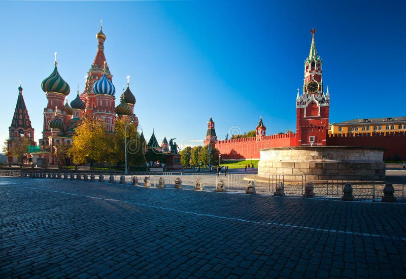 Intercession Cathedral St. Basil`s and the Spassky Tower of Moscow Kremlin