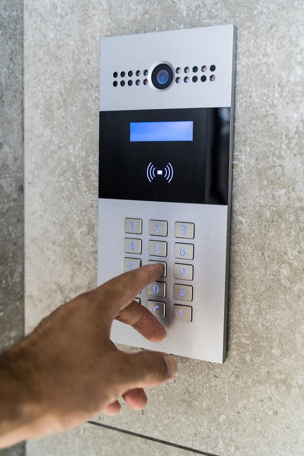 Intercom on door house. Electronic key and video call for entry. royalty free stock image