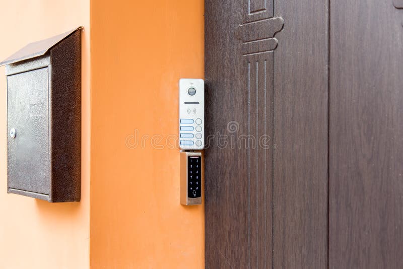 Intercom with doorbell buttons and video call and card reader for electronic access key. royalty free stock photo
