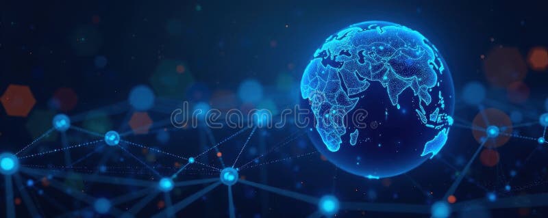 Interconnected blue globe, lines representing data flow, global, international, sphere stock illustration
