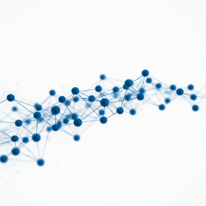 Interconnected blue spheres and thin lines form a network or molecular structure stock illustration