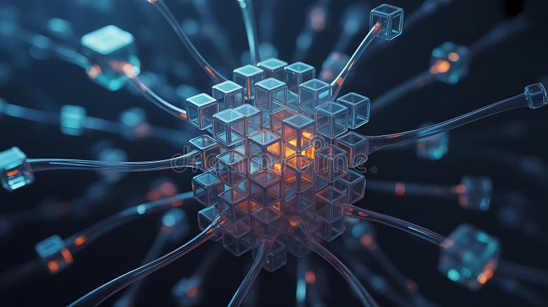 Interconnected glass cubes glowing with internal light stock illustration