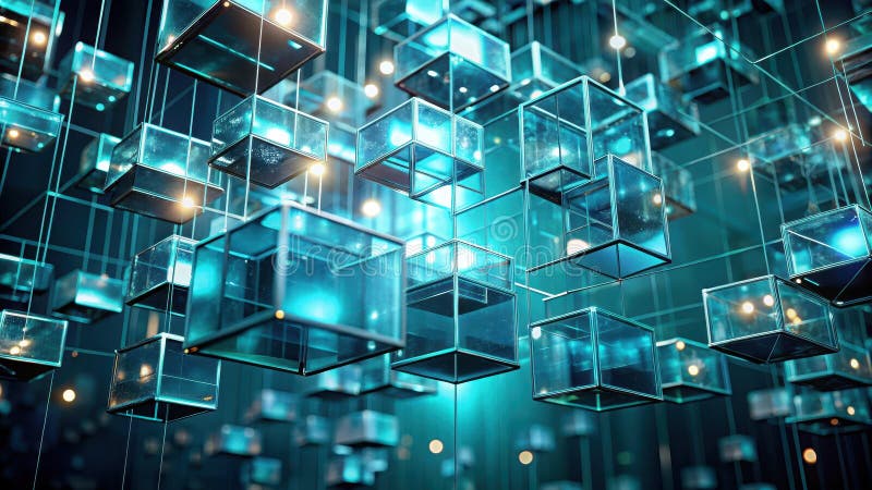 Interconnected glass cubes illuminated with internal lights hanging in a complex network structure. Generative AI vector illustration