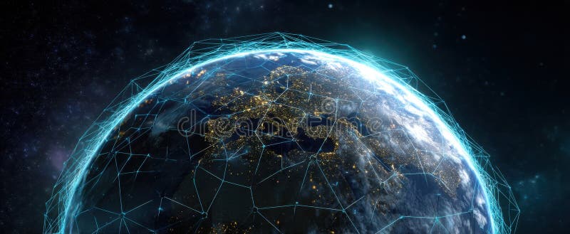 The interconnected globe showcasing a digital network above Earth at night.. image stock photos.