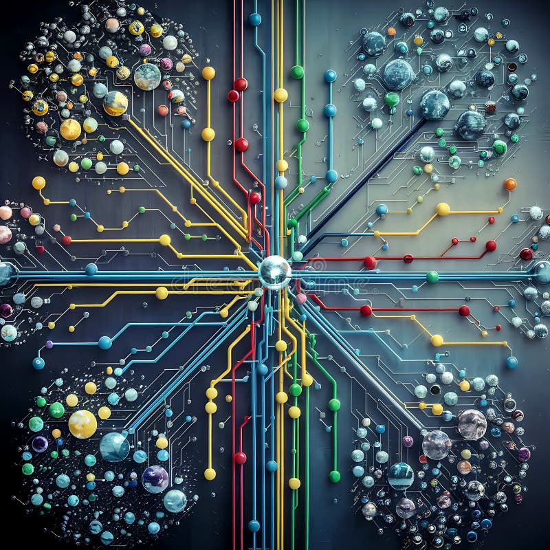 Interconnected Growth: Visualizing Networks of Life and Technology Together. vector illustration