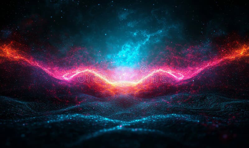 Interconnected lines and glowing nodes comprise the abstract digital landscape stock image