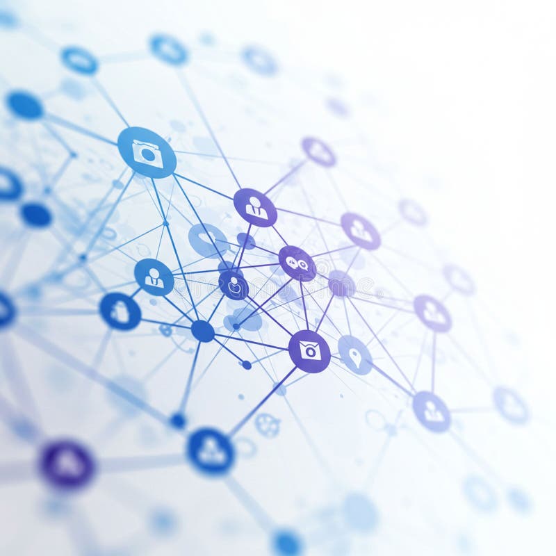 Interconnected network diagram featuring blue and purple nodes linked by lines. Nodes stock illustration