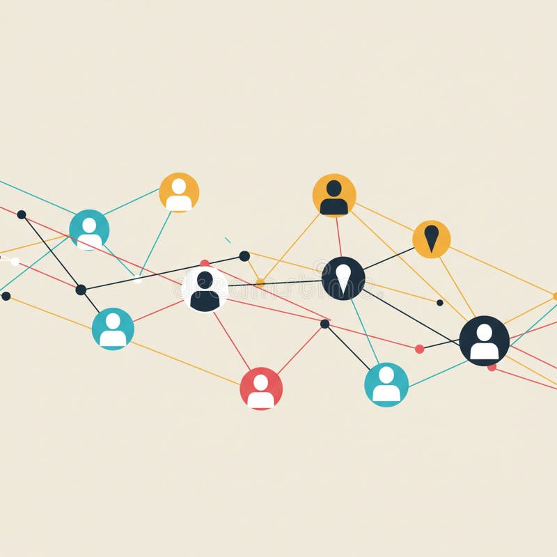 Interconnected network diagram with stylized human icons in circles of various colors stock illustration