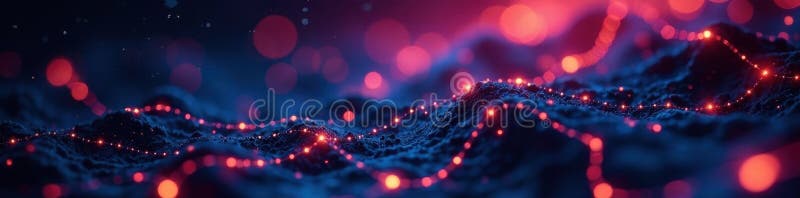 Interconnected nodes, glowing lines, dark space, glow, network royalty free illustration
