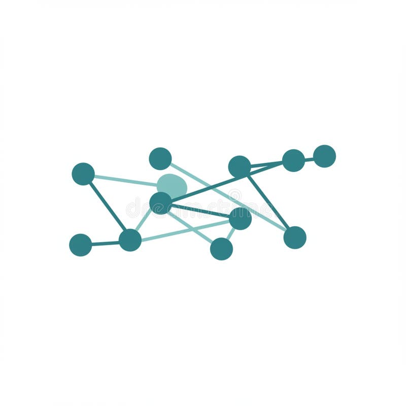 Interconnected teal circles linked by lines on a white background resemble a simple vector illustration