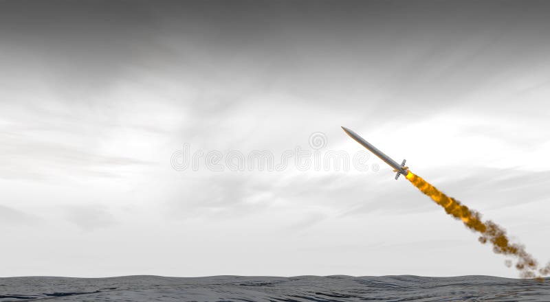 An intercontinental ballistic missile launching across the ocean on a gloomy grey sky backgrund - 3D render