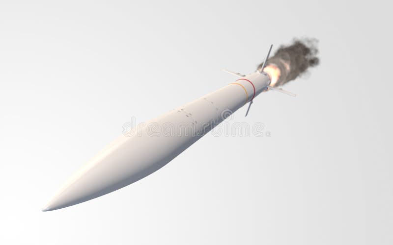 An intercontinental ballistic missile launching leaving a burning smoke trail on an white background - 3D render