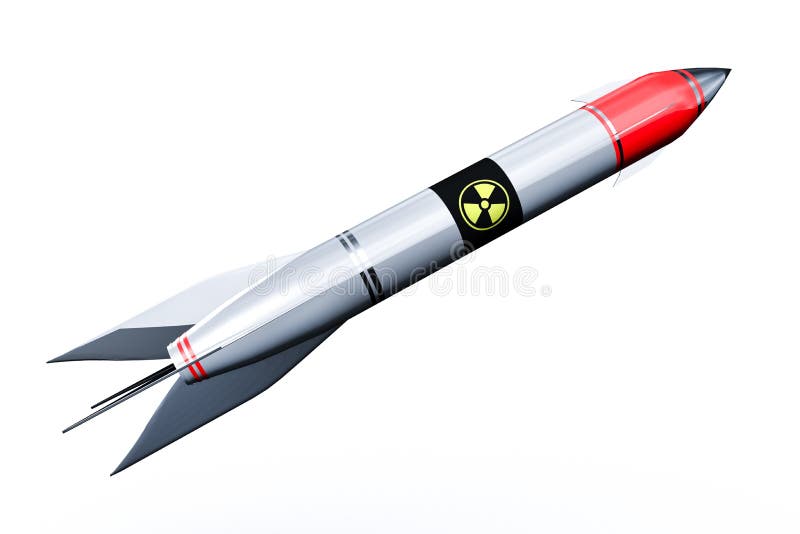 Intercontinental nuclear rocket flies up isolated on white background. 3D illustrations. War and Weapon concept image.