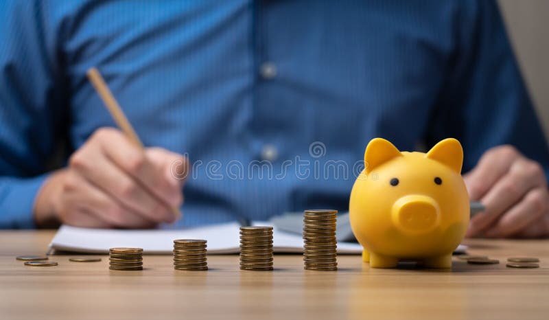 Interest rate and dividend concept. Businessman balances money in piggy bank with pile of coins and percentage symbols